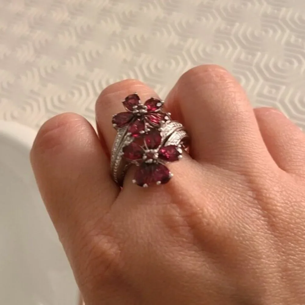 Vintage Boho Evening Sterling Silver Red Crystal Flower Cocktail Ring 7 - Picture 8 of 11